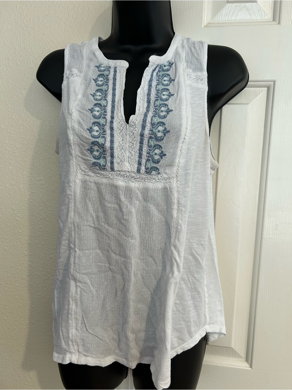 Lucky Brand White Tank with Blue Embroidered Yoke